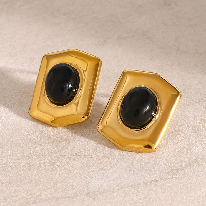 Stainless steel black agate geometric earrings, retro classic light luxury high-end earrings