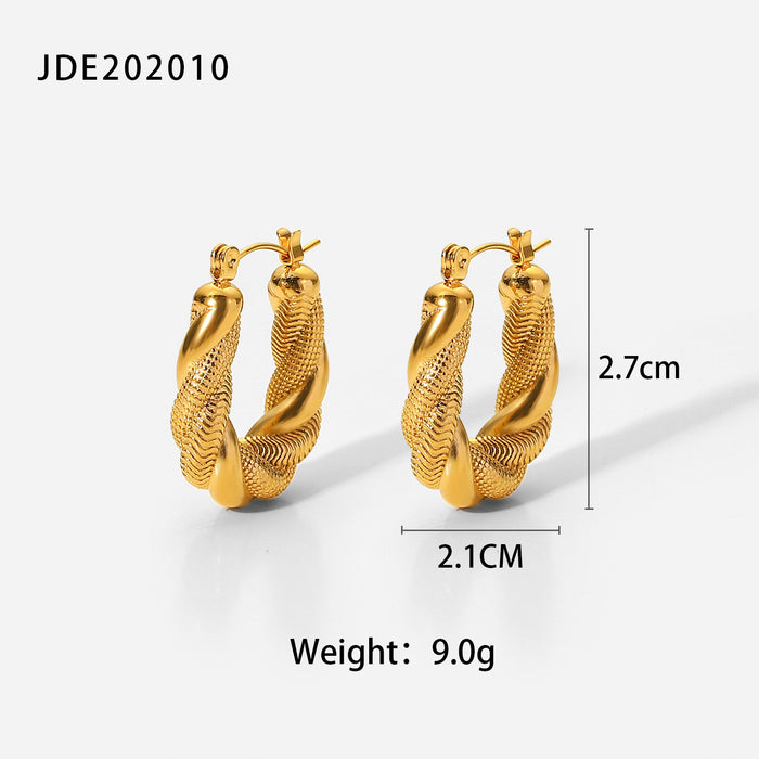 Aros ovalados de doble trenzado estilo vintage europeo: joyería con forma de U de acero inoxidable chapado en oro de 18 quilates para mujer
