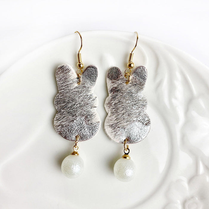 Easter Bunny Earrings with Faux Pearl Pendant, Leopard Print, and Gold Dots on Cowhide Leather