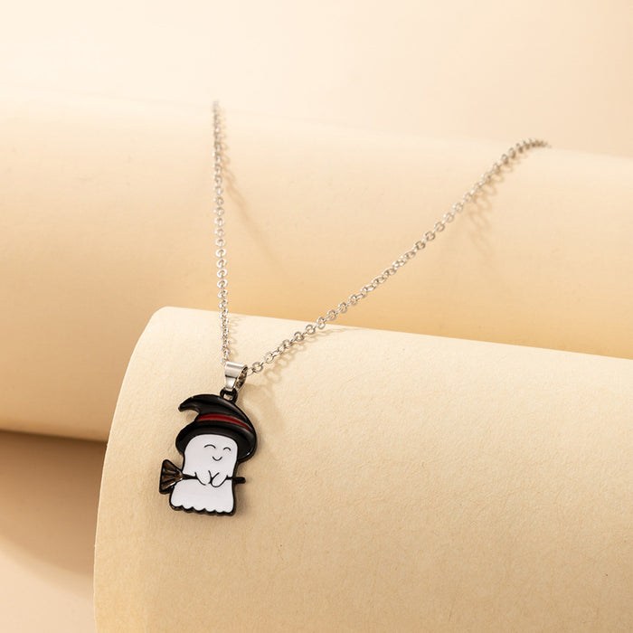 Halloween Ghost and Pumpkin Pendant Necklace - Festive Single-Layer Chain