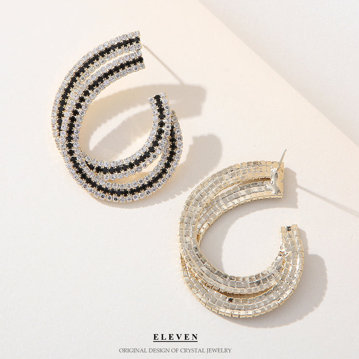 Luxury C-Shaped Zircon Earrings - Elegant Black and White Studs for Women