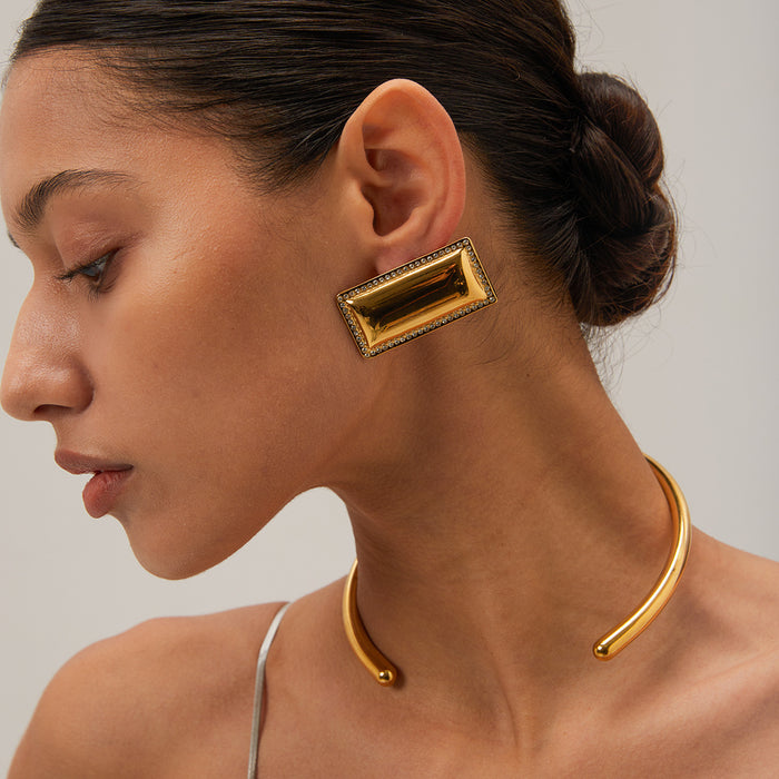 18K Gold Plated Stainless Steel Rectangular Hollow Swirl Earrings - Minimalist Geometric Design