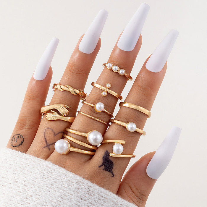 Elegant Pearl Ring Set - 9-Piece Geometric Twisted Hand Rings