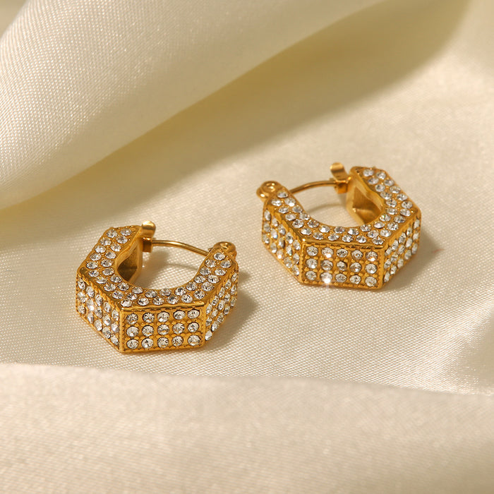 French Style 18K Gold Geometric White Zircon Earrings - High-End Hollow Titanium Steel Earrings