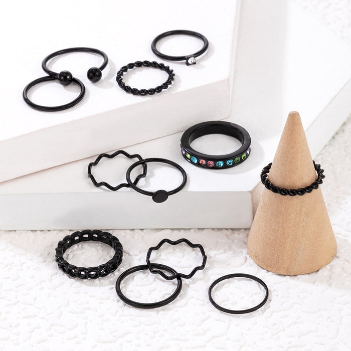 Black diamond twisted joint ring, geometric simple disc wave pattern twelve-piece set