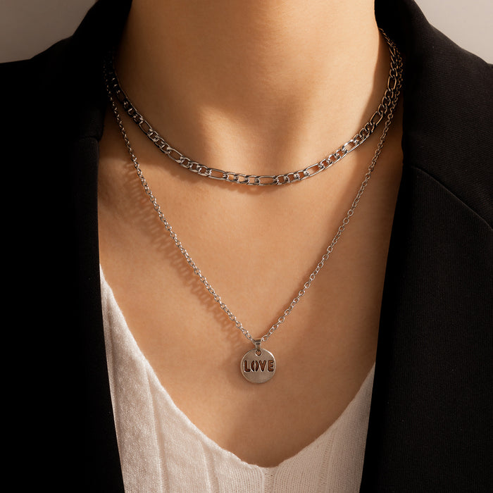 Letter Round Disc Double Layer Necklace with LOVE Metal Hollow Multi-Layer Clavicle Chain