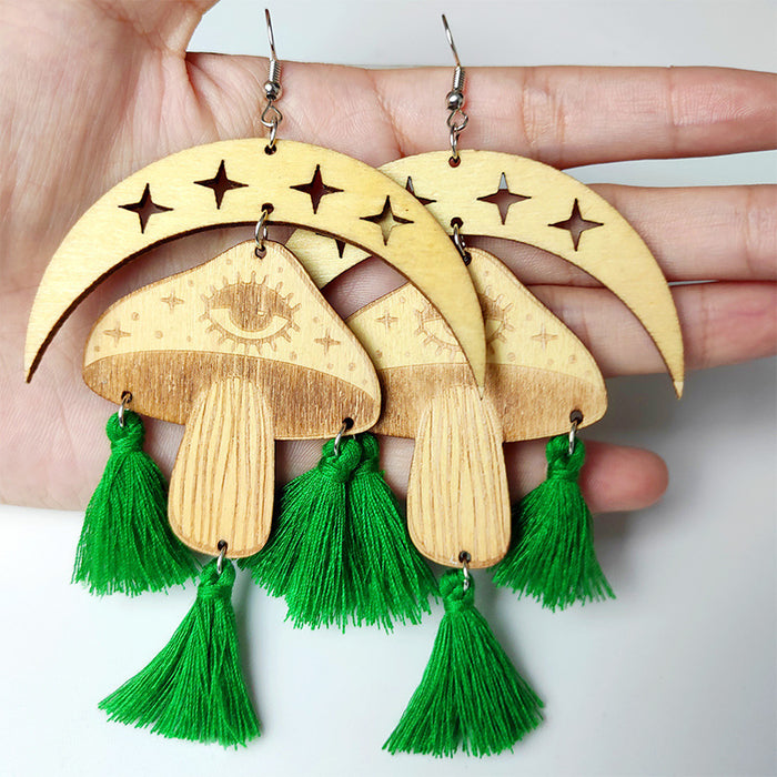 Halloween Tassel Earrings with Wooden Moon and Mushroom Design