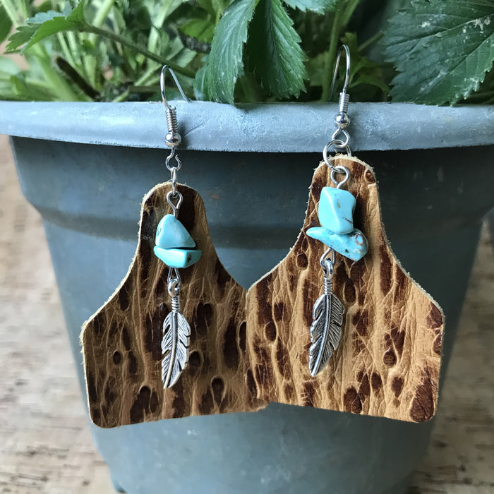Vintage Floral Print Cowhide Earrings with Turquoise Leaf and Bottle Pendant - wallojewerly 