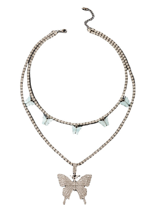 Diamond Butterfly Double Layer Necklace with Imitation Mother of Pearl Multi-Layer Design