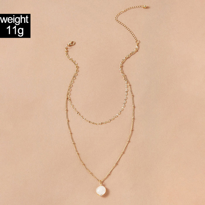 Faux Gemstone Two-Layer Necklace Set - Alloy Round Bead Chain