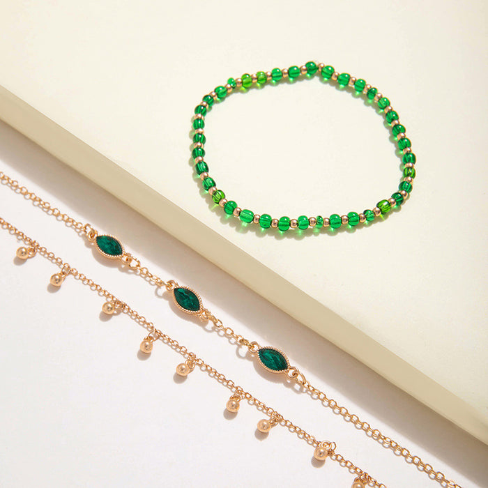 Green Gemstone and Tassel Beaded Anklet Set - Ethnic Style Layered Anklets