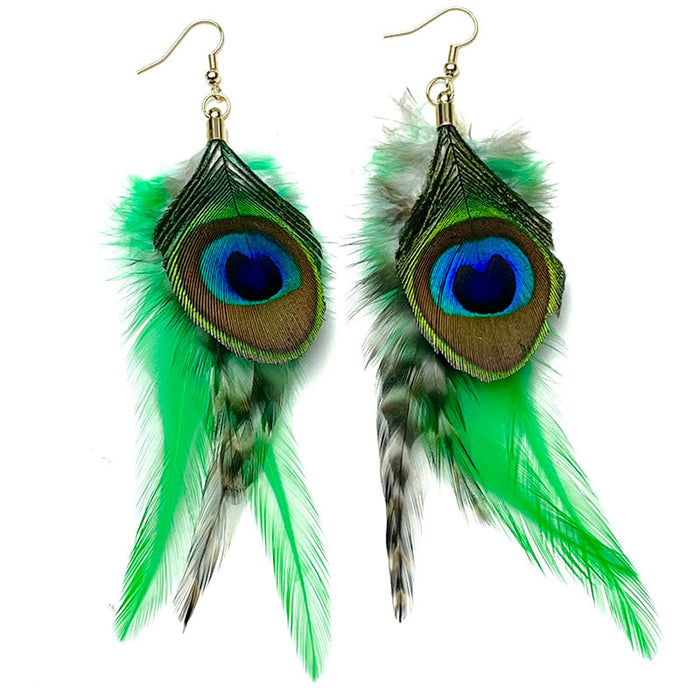 Festival Feather Earrings with Purple, Yellow, and Green Peacock Feathers