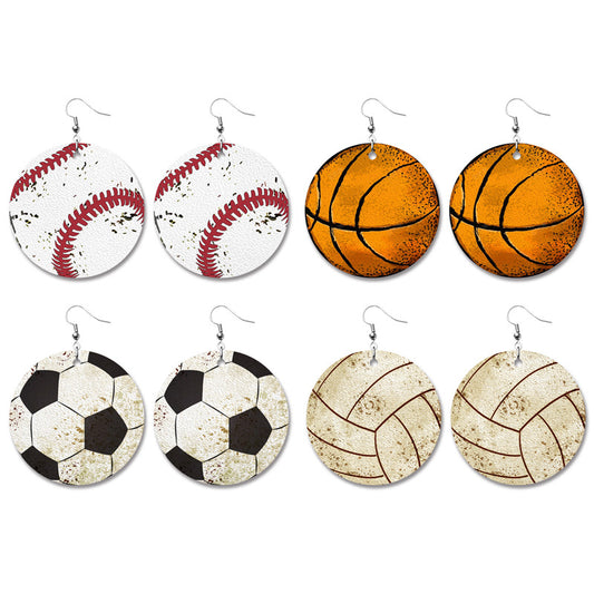 Vintage Sports Leather Earrings with Baseball, Basketball, Football, and Volleyball Designs