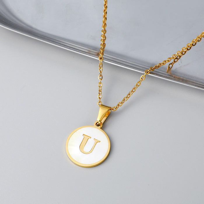 Round shell letter necklace, 18K stainless steel clavicle chain wholesale