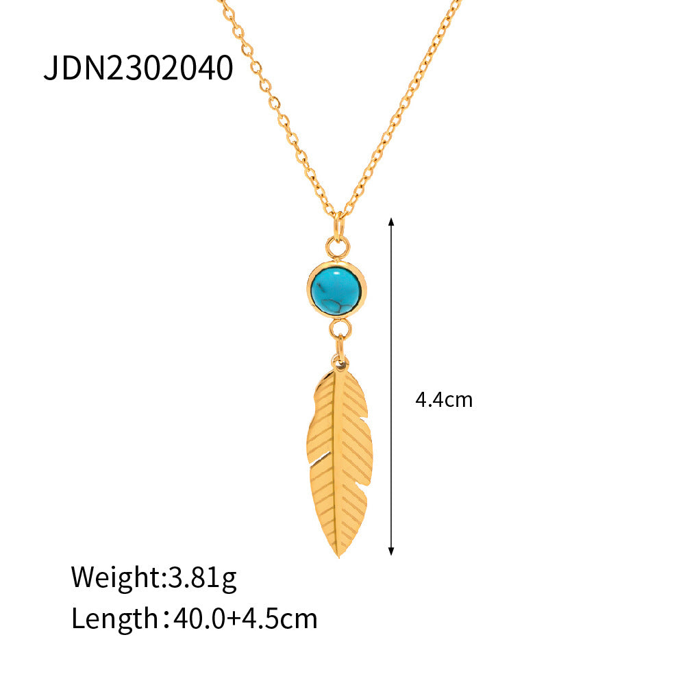 Stainless Steel Feather Pendant Necklace with Turquoise Inlay - Trendy Women's Fashion