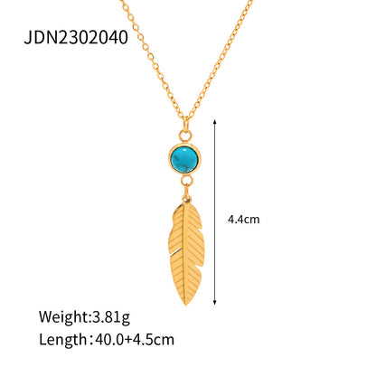 Stainless Steel Feather Pendant Necklace with Turquoise Inlay - Trendy Women's Fashion