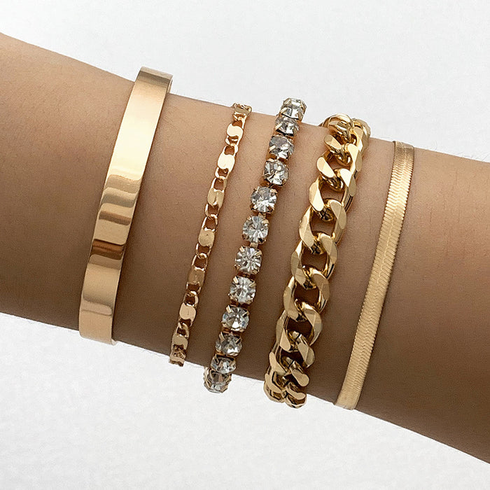 Punk-Style Diamond-Studded Bracelet Set - Luxury Metal Geometric Jewelry