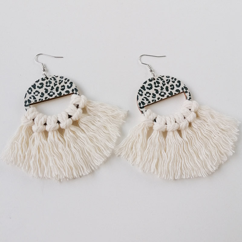 Bohemian Handwoven Tassel Fan-Shaped Earrings with Morandi Color and Leopard Print