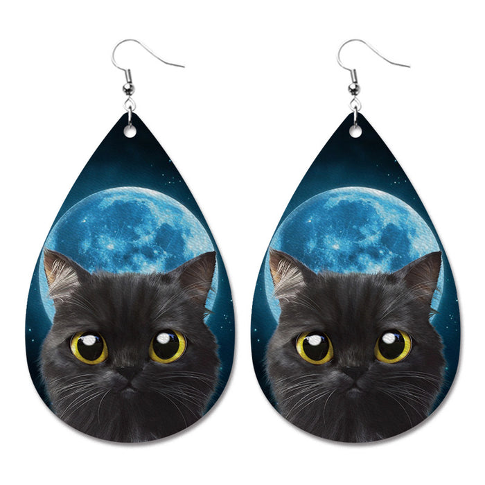 Halloween PU Leather Earrings with Blue Moon and Black Cat Design