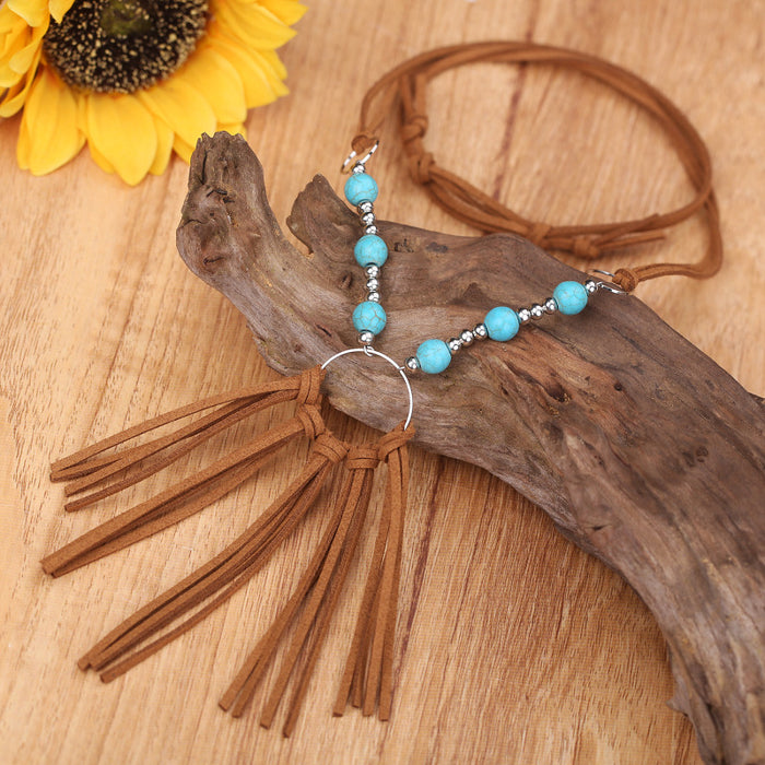 Turquoise Leather Fringe Necklace with Vintage Bohemian and Korean Velvet Details - wallojewerly 