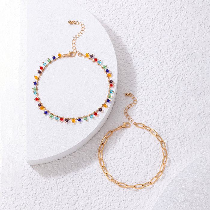 Colorful Double-Layer Beaded Anklet with Geometric Bead Chain Design