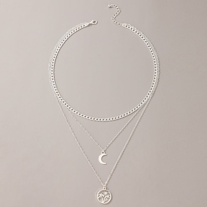 Trendy Metal Moon and Coconut Tree Necklace – Three-Layer Alloy Chain