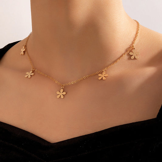 Gold Flower Pendant Necklace with Geometric Floral Choker Design