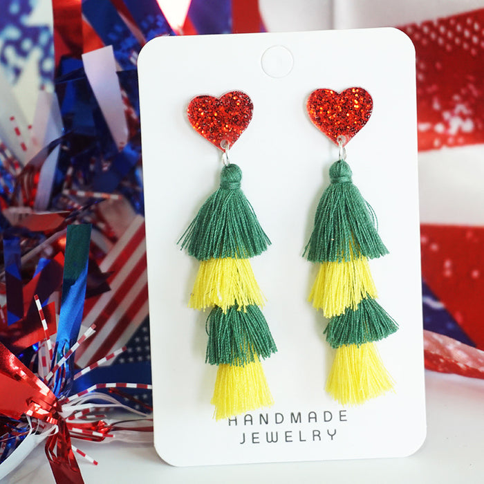 Independence Day Multi-Layer Tassel Heart Earrings with Cheerleader Design