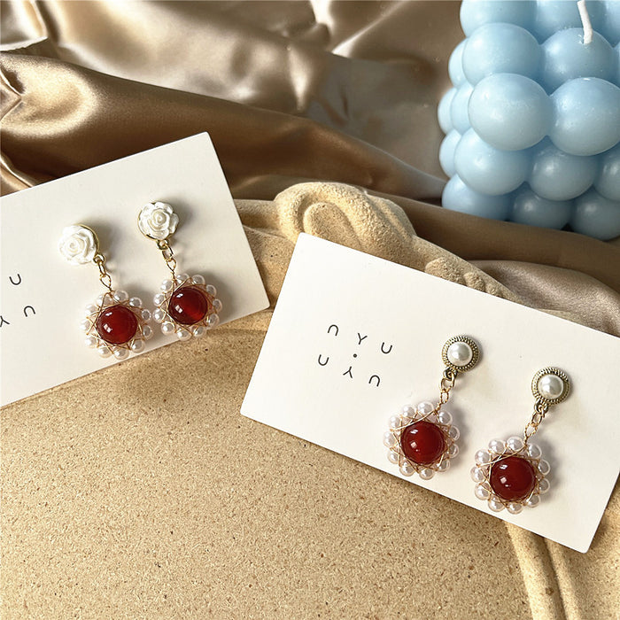 Pearl red agate earrings Baroque retro court style earrings