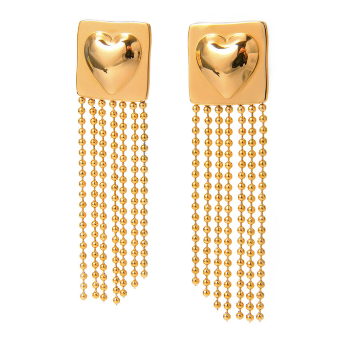 18K Gold Stainless Steel Square Earrings with Heart Pendant and Tassels - Asymmetric Design