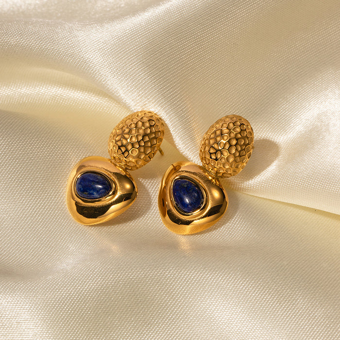 European Style New 18K Gold-Plated Stainless Steel Oval Hammered Earrings with Lapis Lazuli Triangle Studs