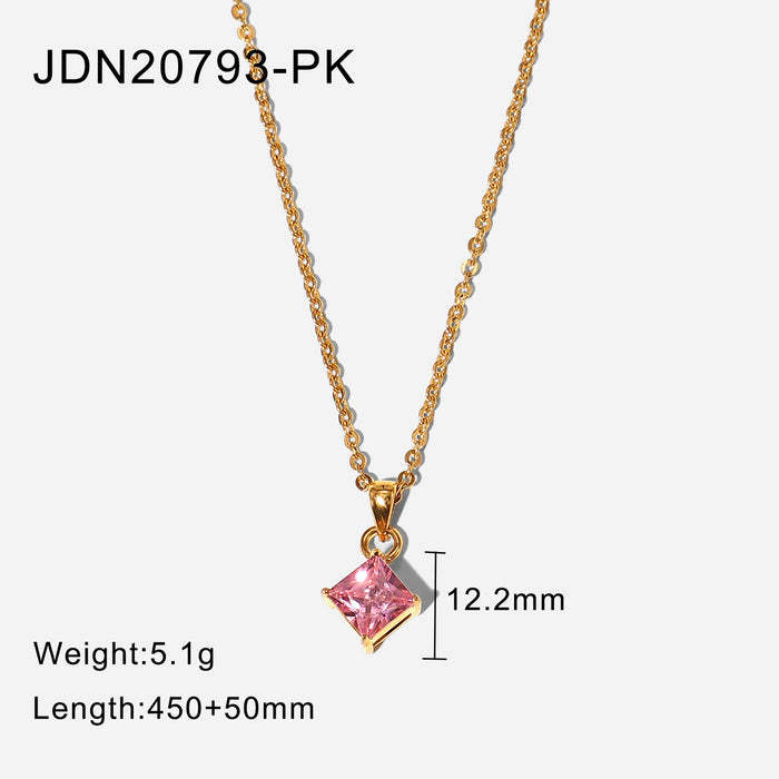 Collar moderno de acero inoxidable bañado en oro de 18 quilates con colgante de circonita en forma de rombo rosa, joyería popular para mujeres