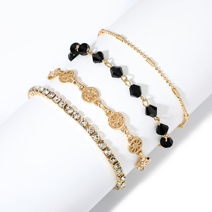 Black Diamond Beaded Bracelet Set with Hollow Circle Design