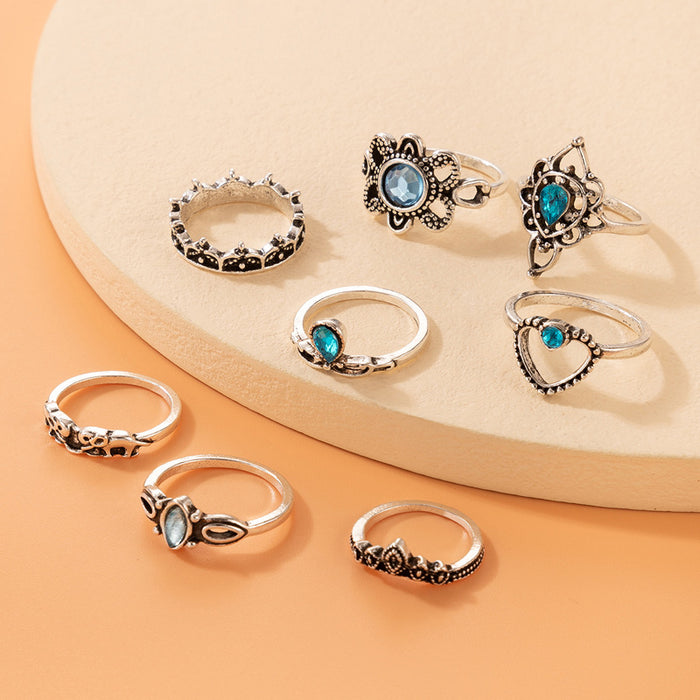 Blue Heart Ring Set - 8-Piece Vintage Hollow Flower Rings