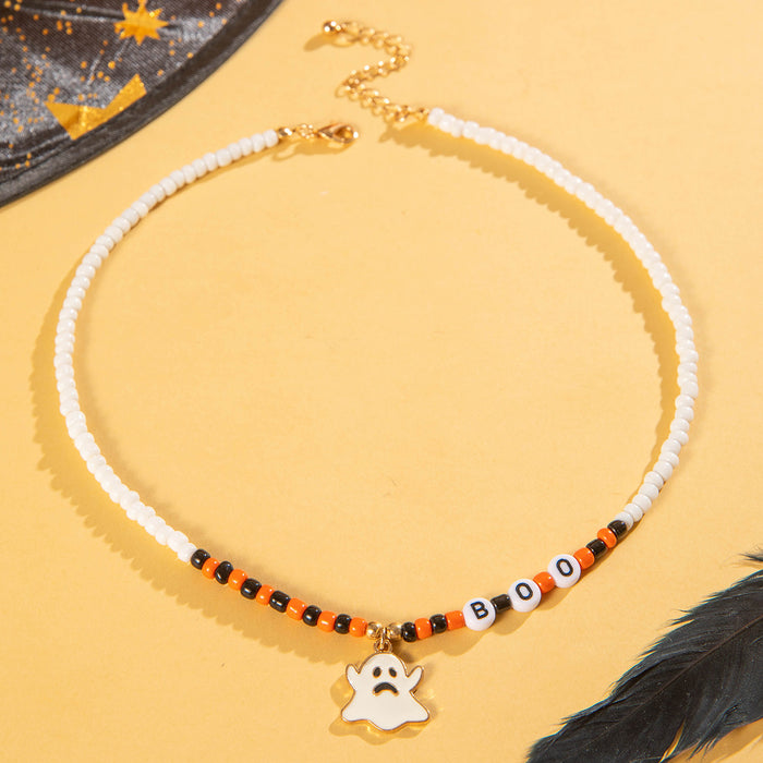 Halloween Ghost Beaded Necklace with Multilayer Skull Pendant