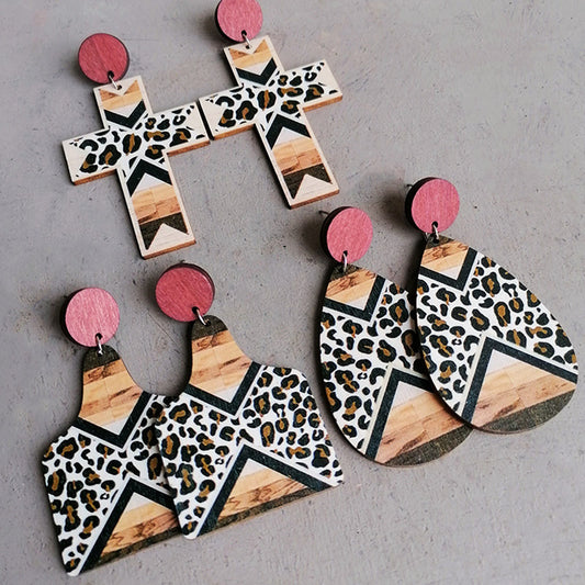 Wooden cross leopard print earrings