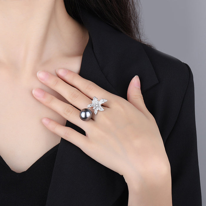 Inlaid imitation pearl flower ring starfish open ring
