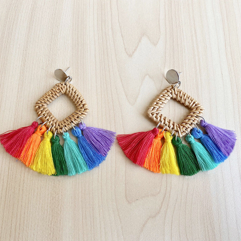 Handmade Woven Rainbow Tassel Earrings with Summer Vacation Style