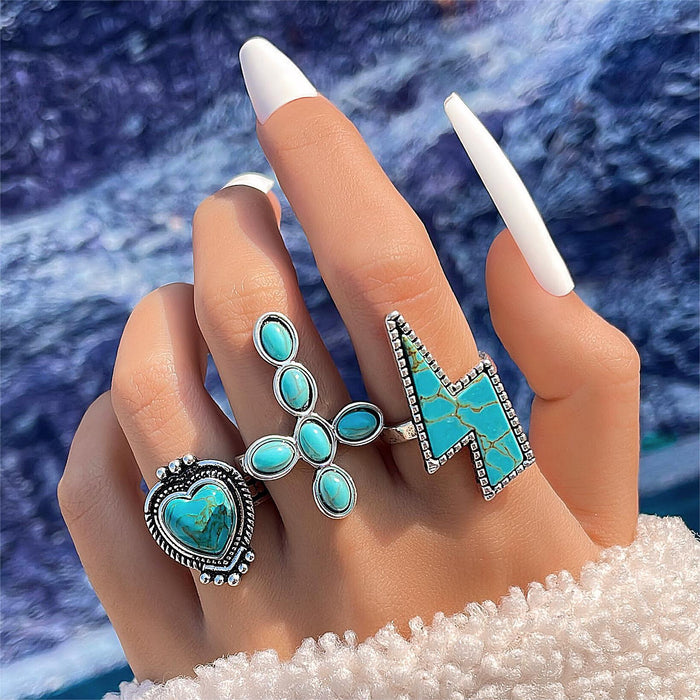 Retro Turquoise Cross Ring Set - Creative Lightning and Heart Three-Piece Set