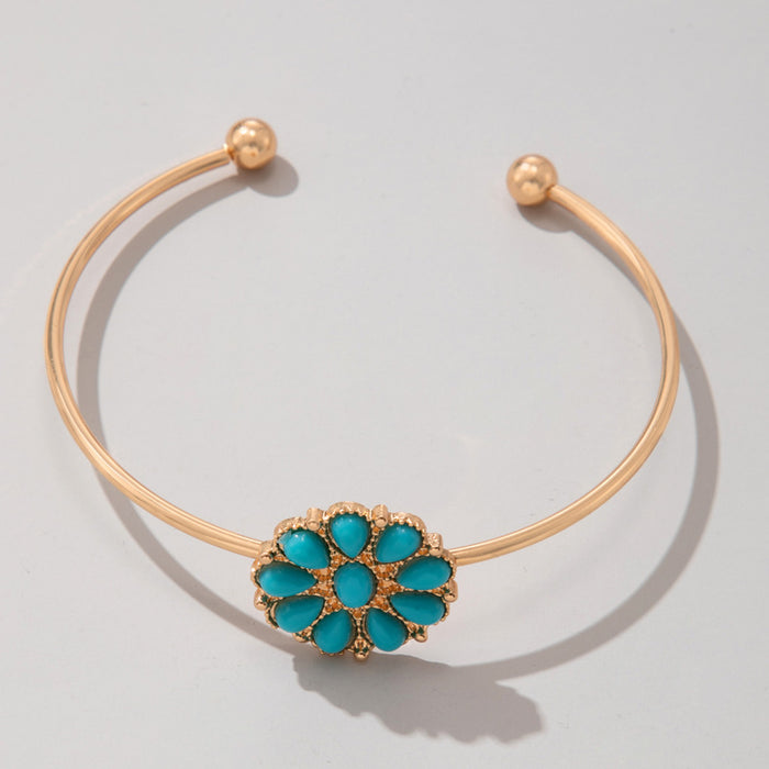 Turquoise Flower Rhinestone Bangle - Single Bracelet with Open Cuff Design