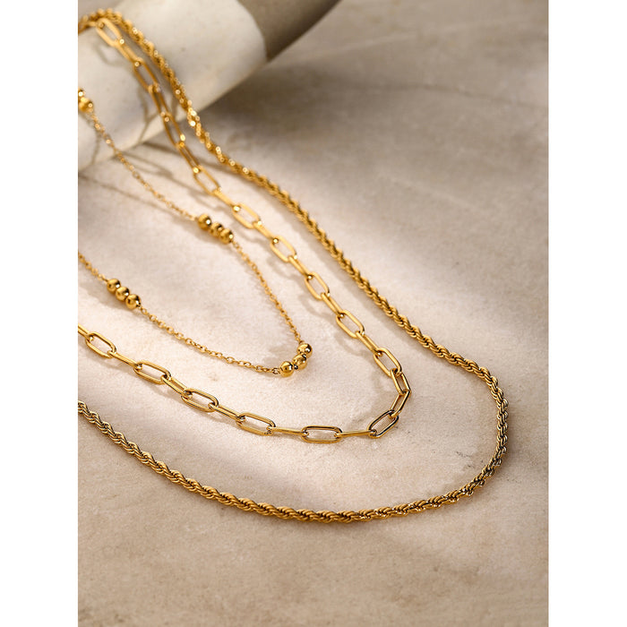 18K Gold-Plated Stainless Steel Triple Strand Bead Twist Necklace - INS-Style Beach Jewelry for Women