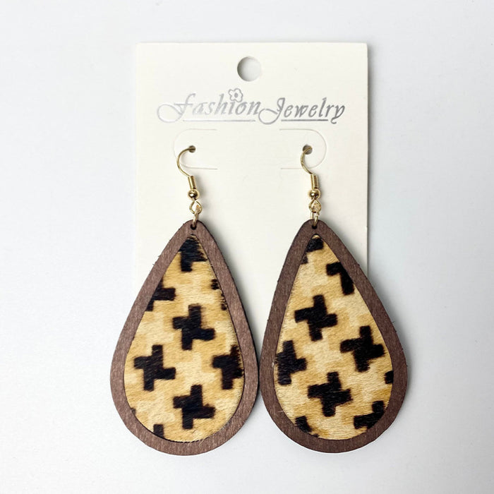 Vintage Floral Print Cowhide Earrings with Cross and Geometric Teardrop Wood Elements - wallojewerly 
