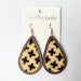 Vintage Floral Print Cowhide Earrings with Cross and Geometric Teardrop Wood Elements - wallojewerly 