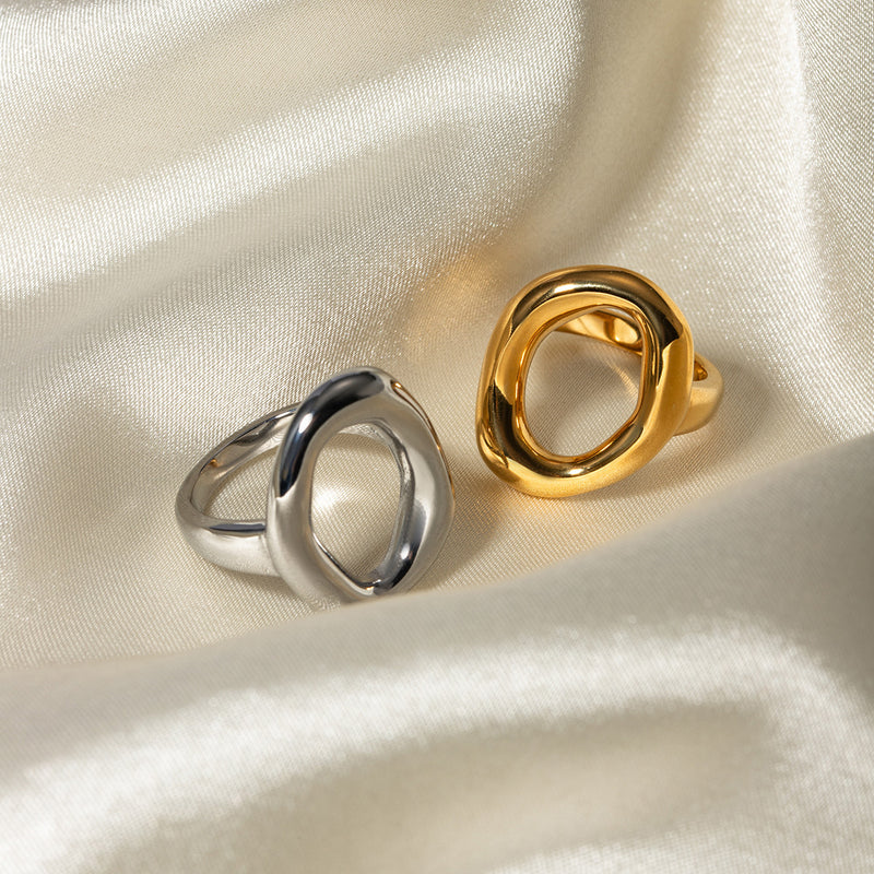 18K Gold Stainless Steel Oval Zircon Ring with Weave Texture - wallojewerly 