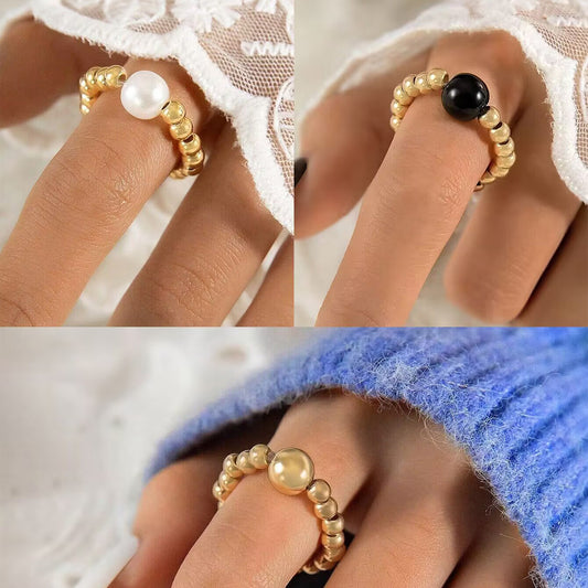 Juego de anillos minimalistas franceses con cuentas: anillo sencillo con perlas de imitación para mujer