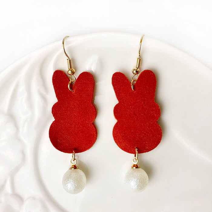 Easter Bunny Earrings with Faux Pearl Pendant, Leopard Print, and Gold Dots on Cowhide Leather