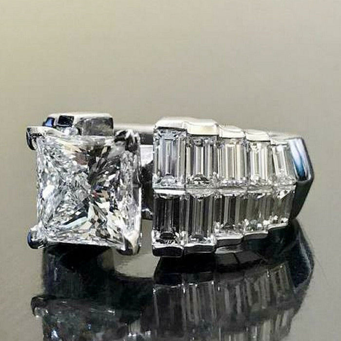 Exquisito anillo de diamantes y circonitas en forma de T, joyería de aniversario de lujo