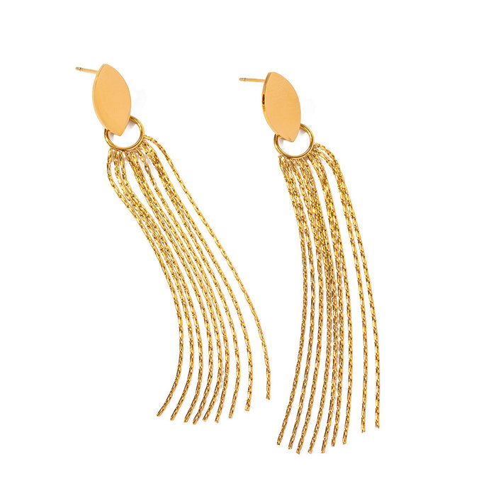 Minimalist 16K Gold Titanium Steel Oval Tassel Earrings - Exaggerated European Design for Women