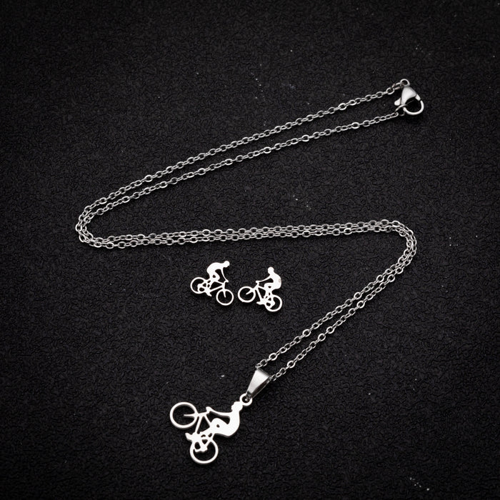 Bicycle series pendant necklace earrings set, ins European and American stainless steel women's sports jewelry