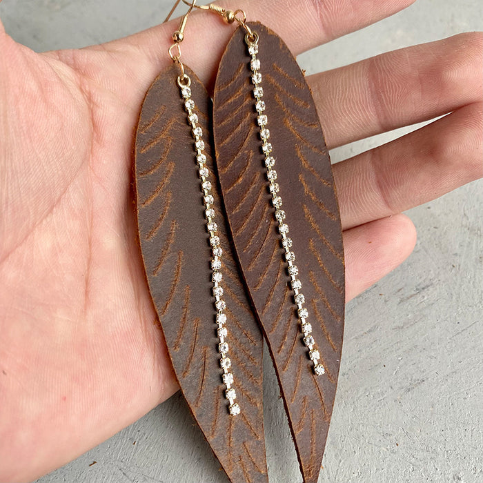 Crazy Horse Leather Earrings with Zircon Leaf and Western Feather Design